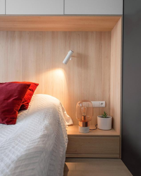 臥室設計說明圖：裝修，臥室床頭柜設計，燈光搭配有氛圍感